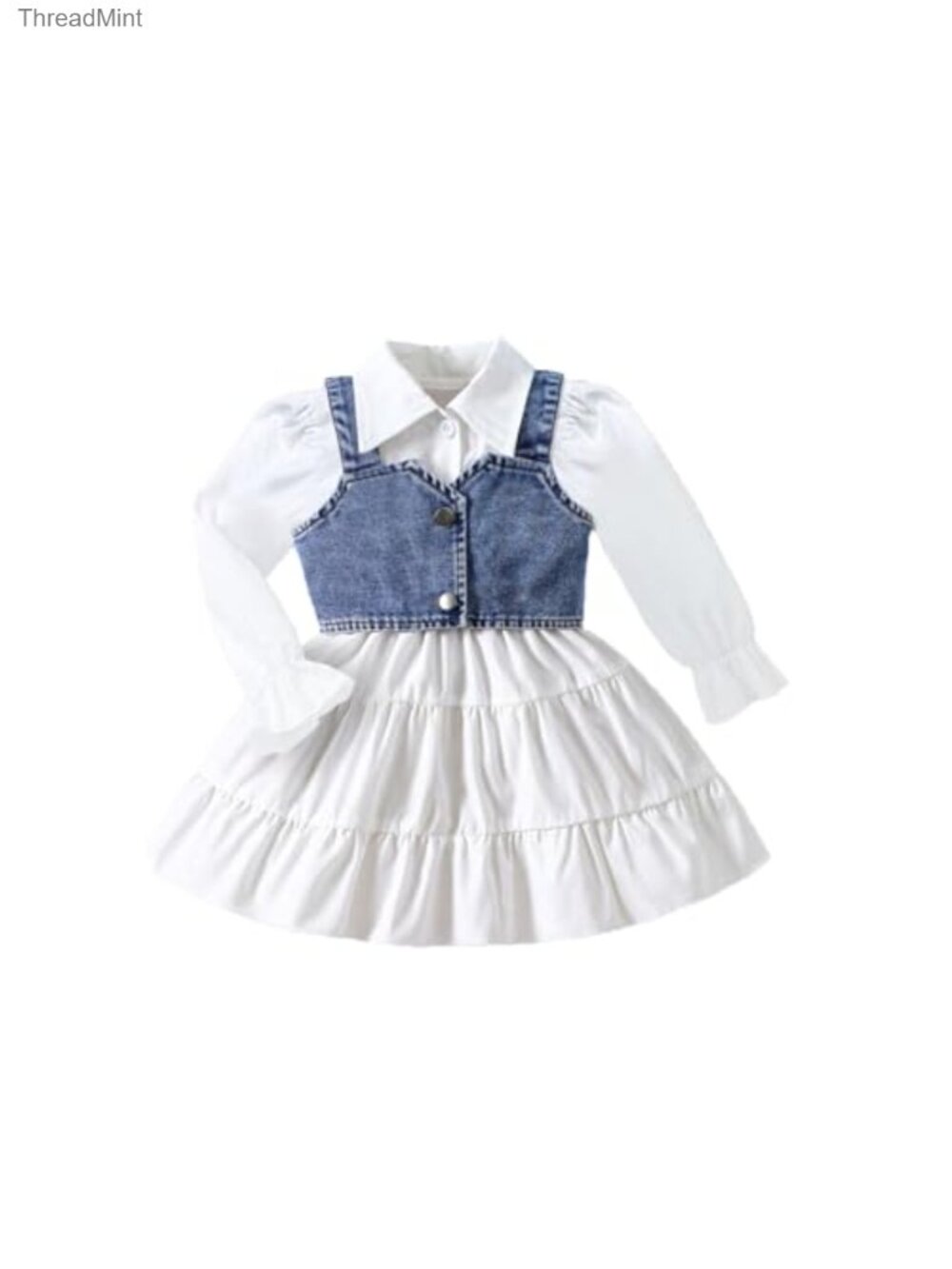 2PC Girls Cotton Denim Vest Dress Set Long Sleeve Button Shirt Tunic
